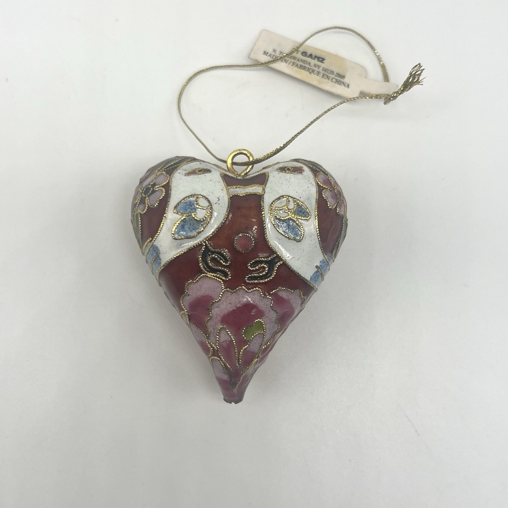 Vintage Ganz Victorian Enameling Cloisonne Heart Ornament Doves Floral